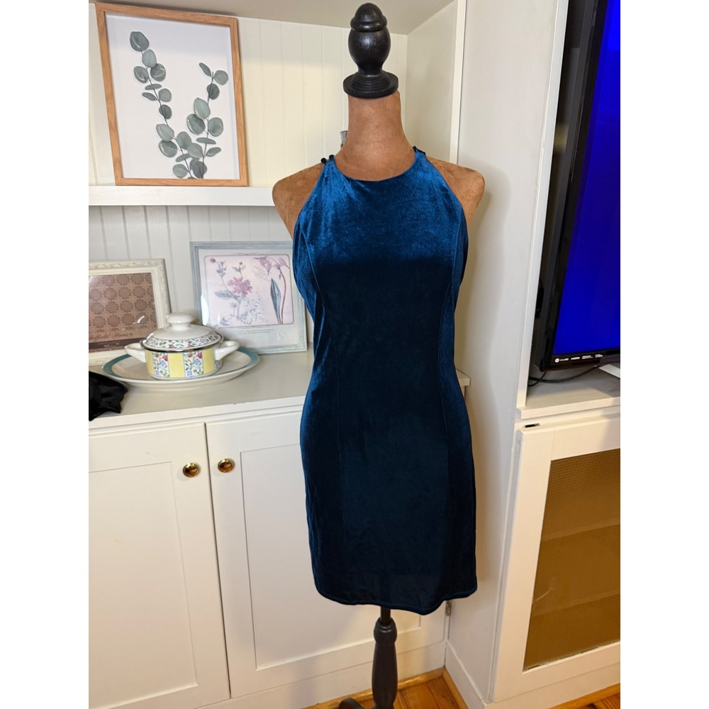 Dear Moon Teal Blue Velvet Halter Open Back Crisscross Bodycon Dress Size 9